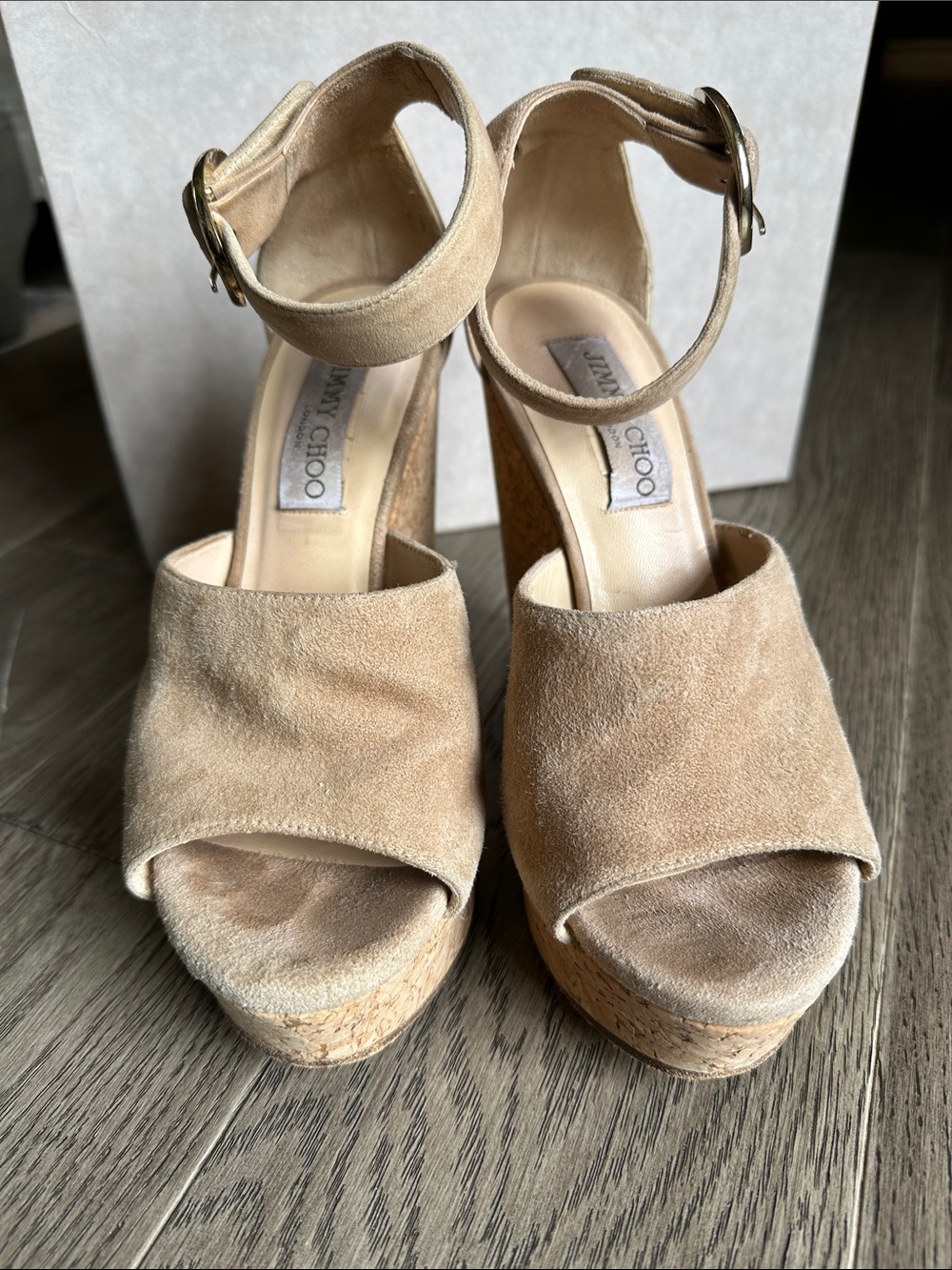 Jimmy Choo Beige Suede Cork Wedge Sandals with Ankle Strap - Picture 2 of 5